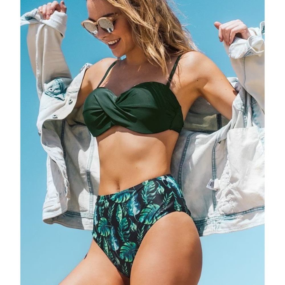 NWT Cupshe Full of Green Bikini Swimsuit‎ Set Womens S Green Tropical High Waist